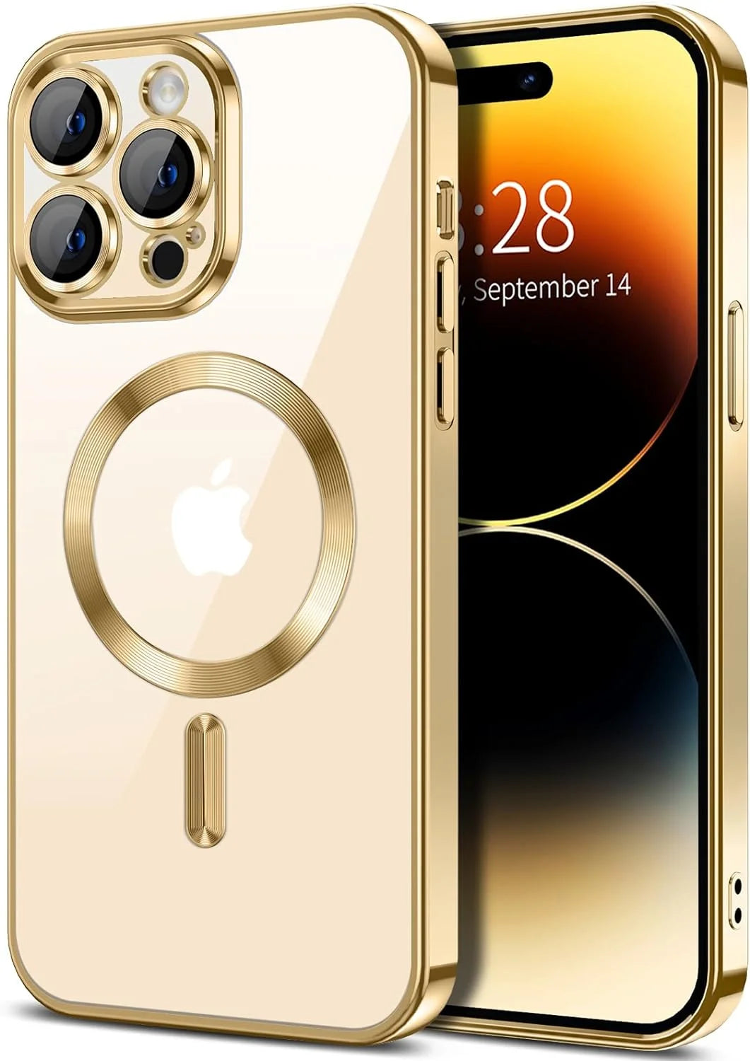 Sleek Gold Transparent Magnetic Case for iPhone 14 Pro Max - Slim Fit, Shockproof & Yellow Resistant