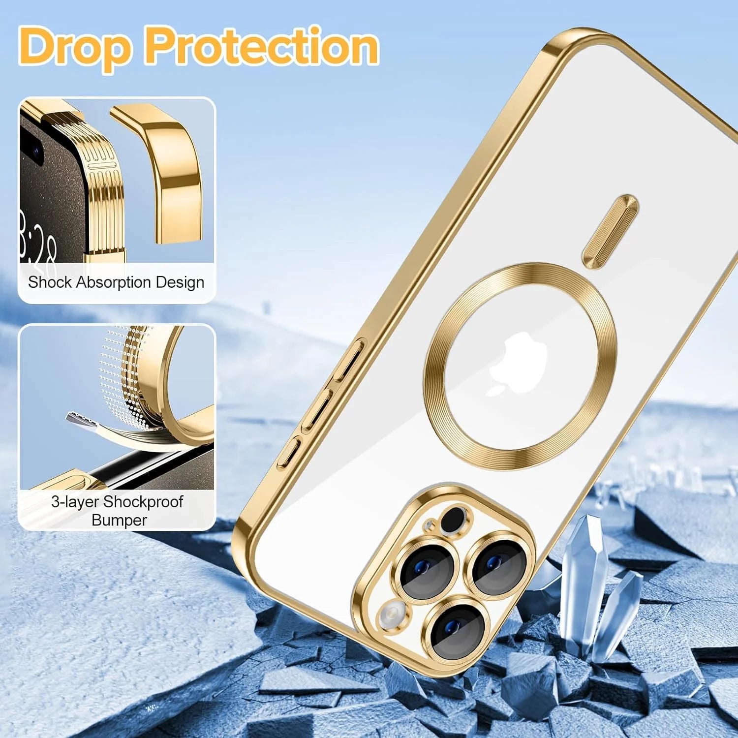 Sleek Gold Transparent Magnetic Case for iPhone 14 Pro Max - Slim Fit, Shockproof & Yellow Resistant
