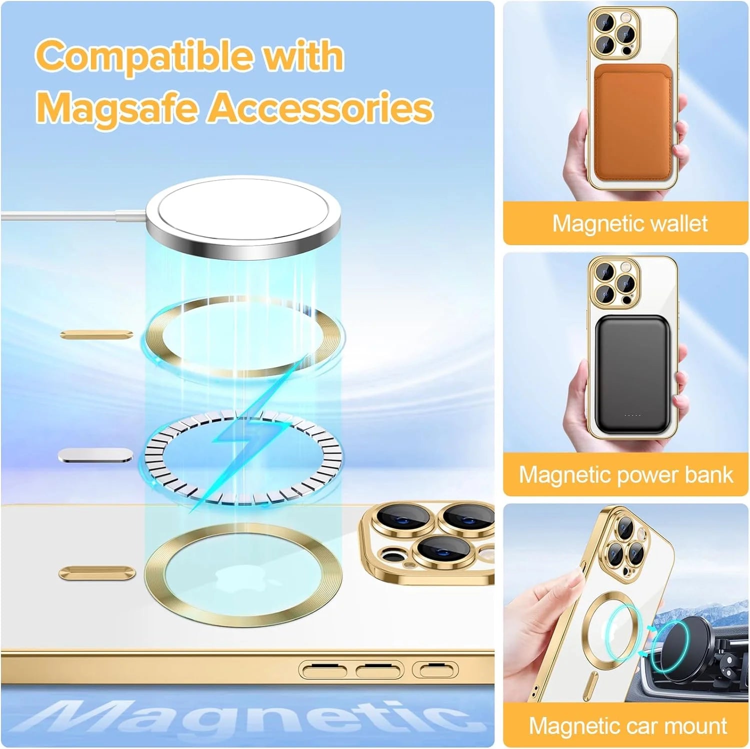 Sleek Gold Transparent Magnetic Case for iPhone 14 Pro Max - Slim Fit, Shockproof & Yellow Resistant
